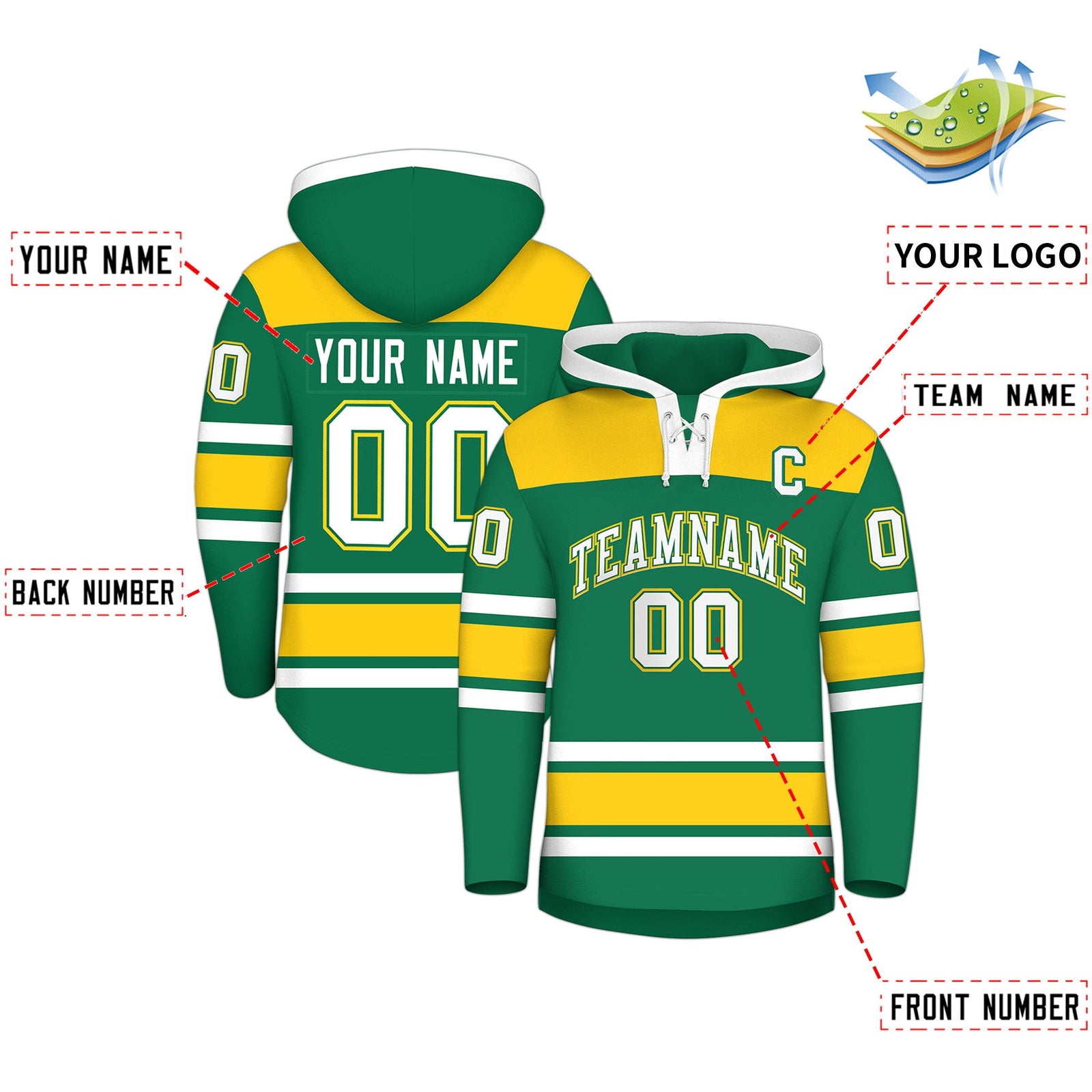 Custom Hockey Hoodie Jersey Kelly Green Gold Raglan Sleeves Lace-Up Neck Personalized Jersey for Men & Youth
