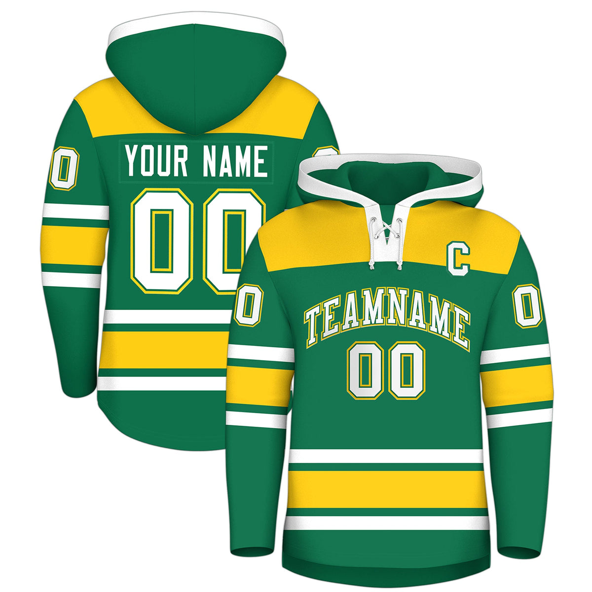 Custom Hockey Hoodie Jersey Kelly Green Gold Raglan Sleeves Lace-Up Neck Personalized Jersey for Men &amp; Youth