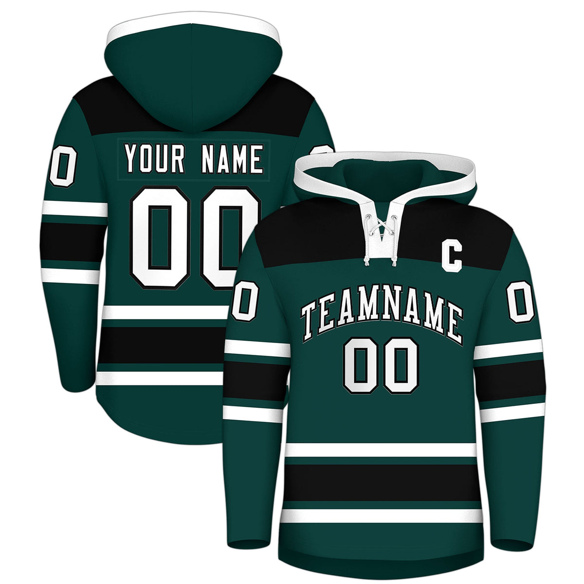 Custom Hockey Hoodie Jersey Midnight Green Black Raglan Sleeves Lace-Up Neck Personal Name &amp; Number &amp; Logo