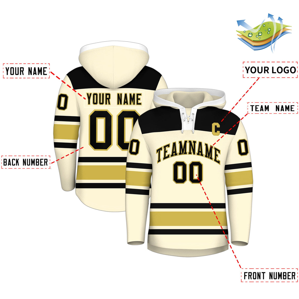 Custom Hockey Hoodie Jersey Cream Old Gold Raglan Sleeves Lace-Up Neck Personal Name &amp; Number &amp; Logo