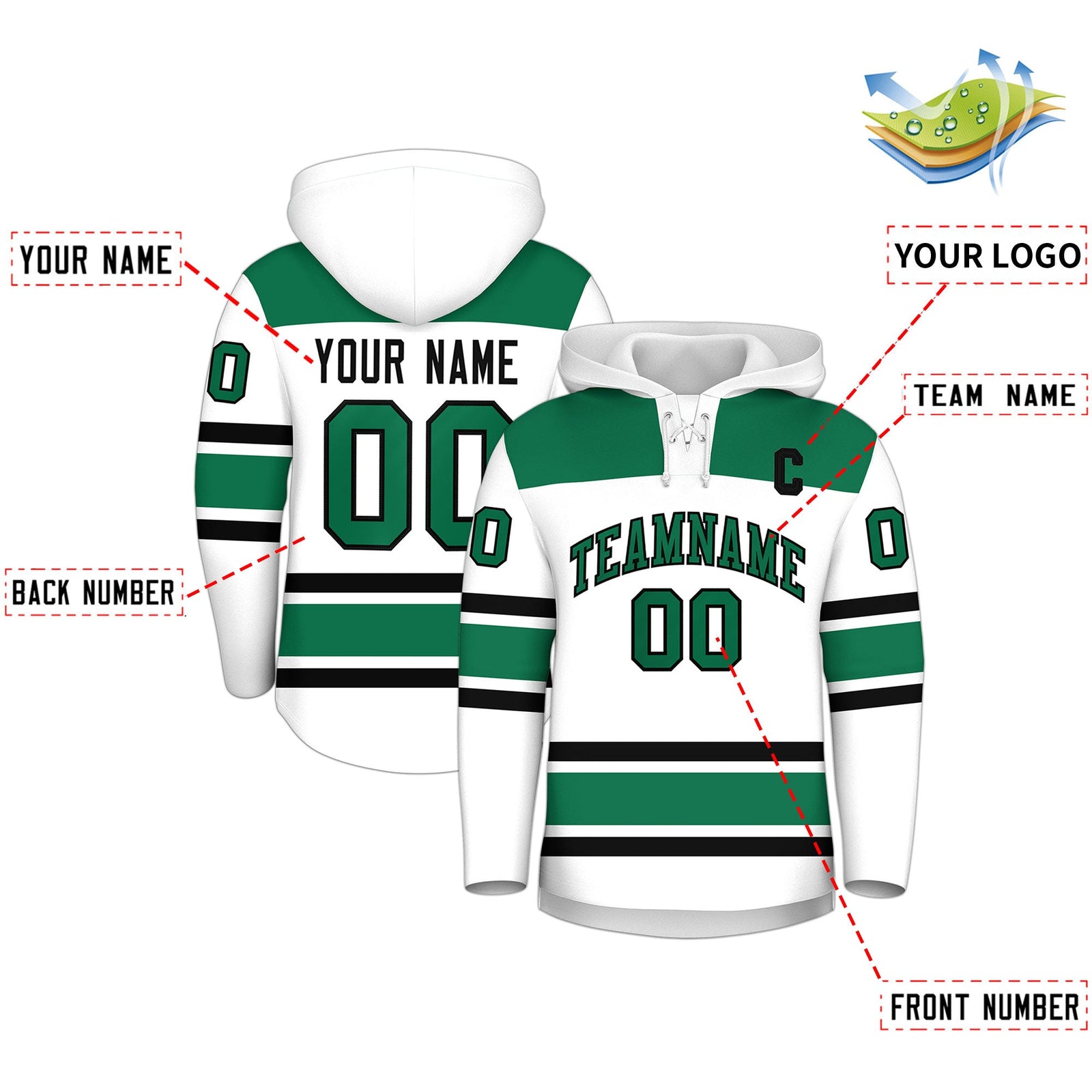 Custom Hockey Hoodie Jersey White Kelly Green Raglan Sleeves Lace-Up Neck Classic Team Colors Hoodie