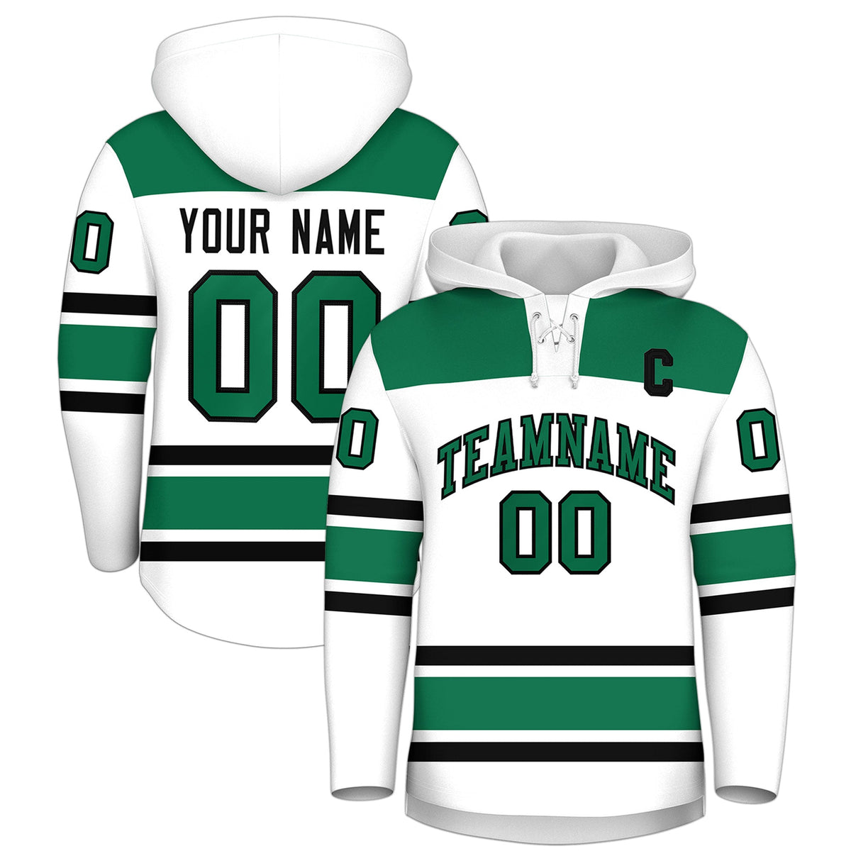 Custom Hockey Hoodie Jersey White Kelly Green Raglan Sleeves Lace-Up Neck Classic Team Colors Hoodie
