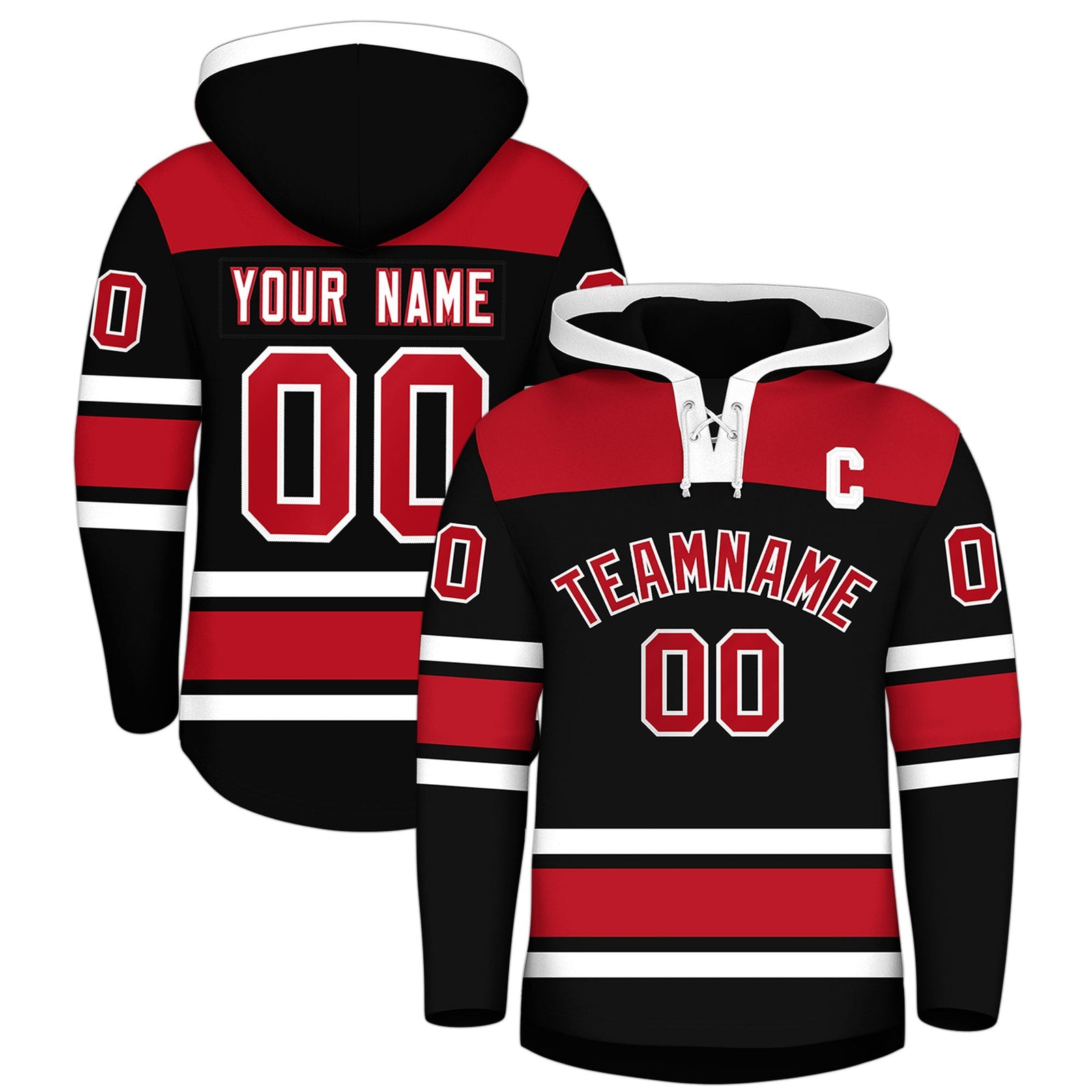 Custom Hockey Hoodie Jersey Black Red Raglan Sleeves Lace-Up Neck Personalized Jersey for Men & Youth