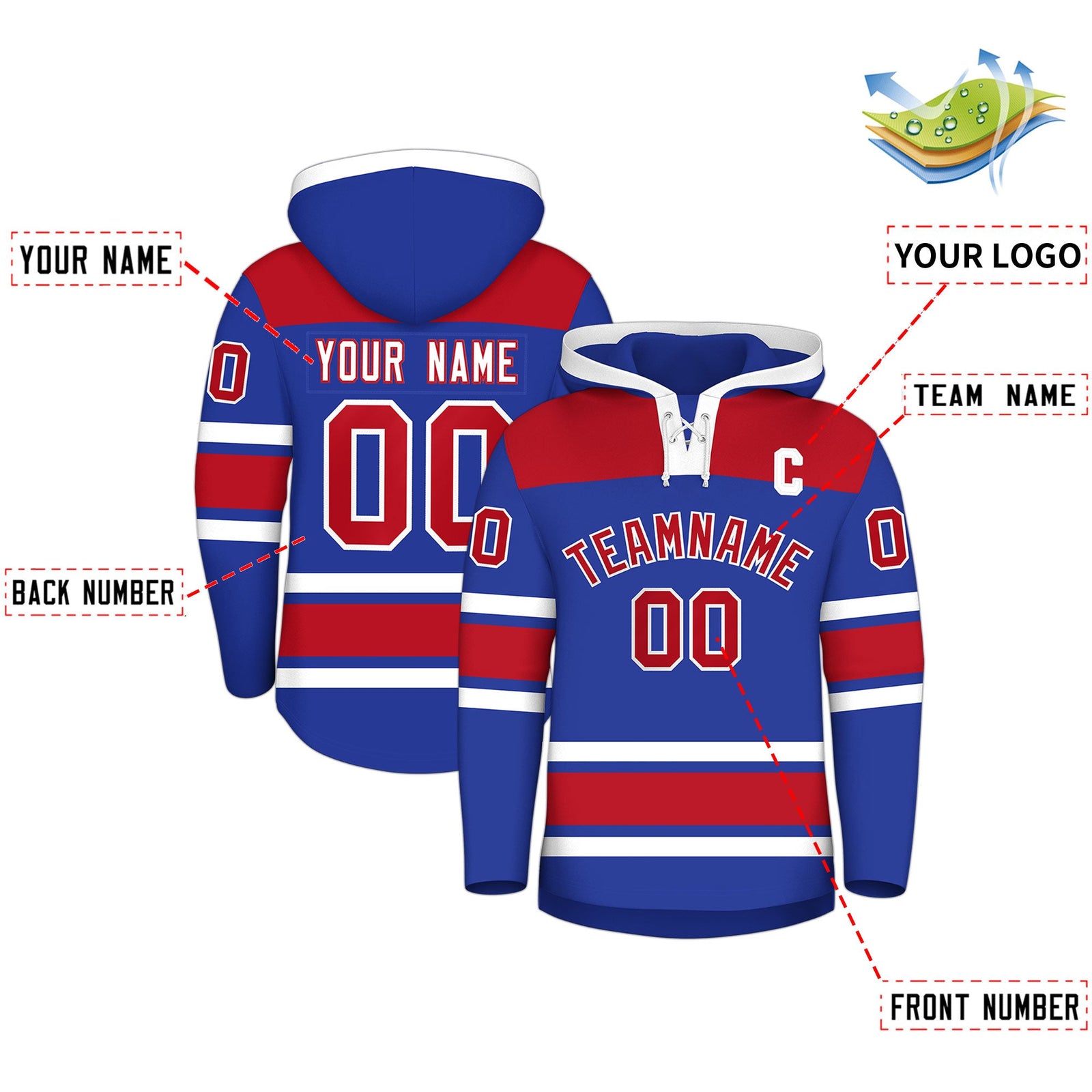 Custom Hockey Hoodie Jersey Royal Blue Red Raglan Sleeves Lace-Up Neck Personal Name & Number & Logo