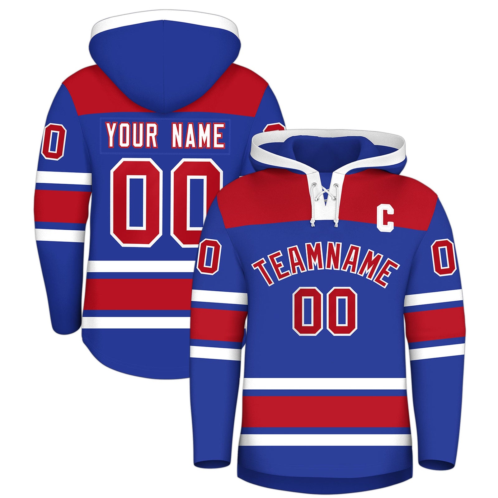 Custom Hockey Hoodie Jersey Royal Blue Red Raglan Sleeves Lace-Up Neck Personal Name & Number & Logo