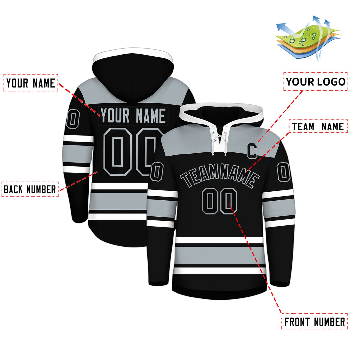 Custom Hockey Hoodie Jersey Black Silver Raglan Sleeves Lace-Up Neck Classic Team Colors Hoodie