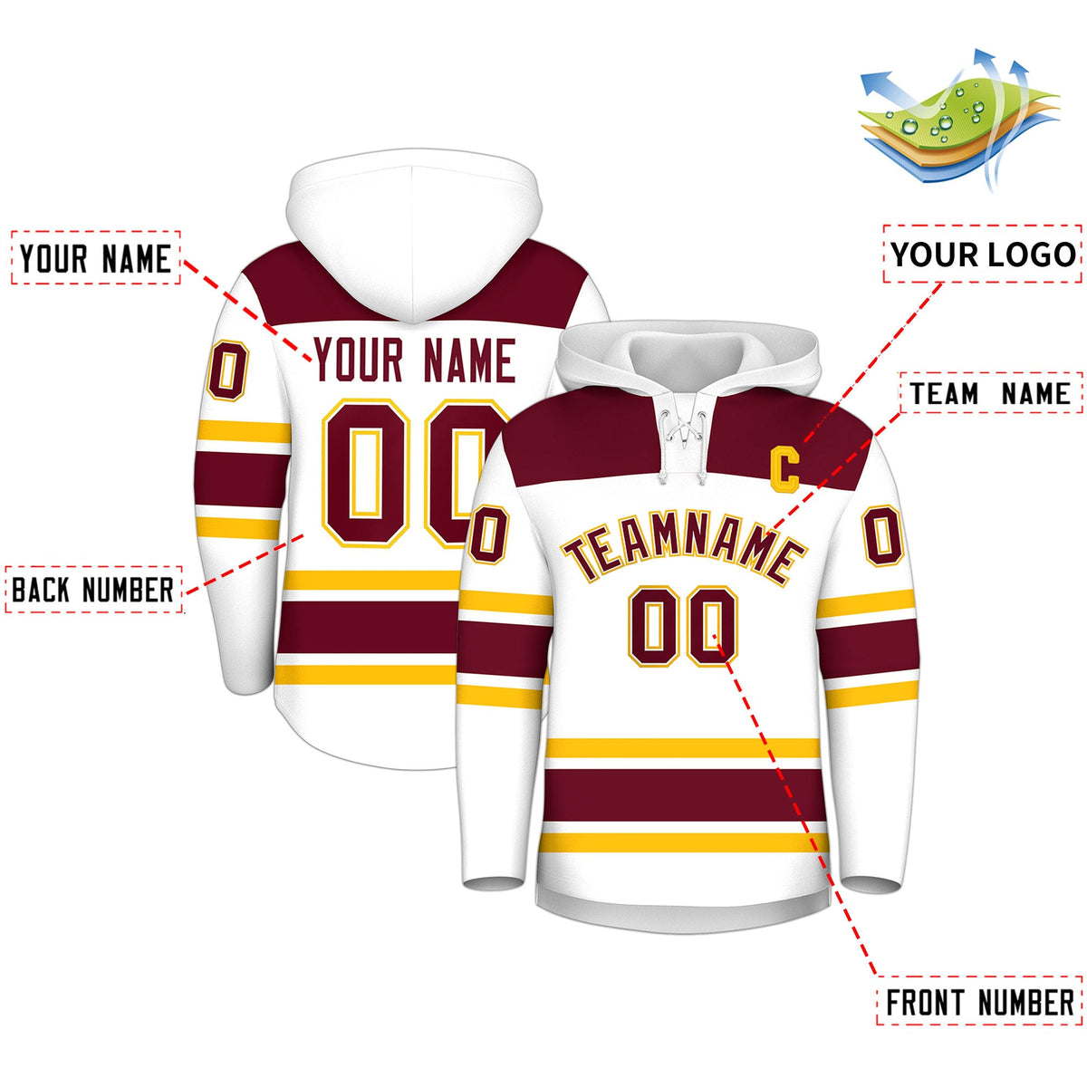Custom Hockey Hoodie Jersey White Crimson Raglan Sleeves Lace-Up Neck Personalized Jersey for Men &amp; Youth