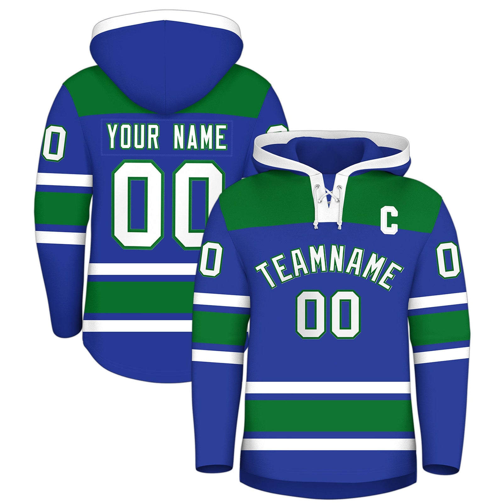 Custom Hockey Hoodie Jersey Royal Blue Kelly Green Raglan Sleeves Lace-Up Neck Classic Team Colors Hoodie