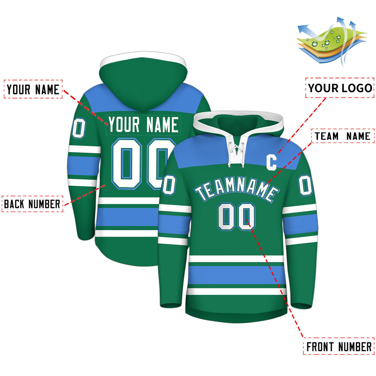 Custom Hockey Hoodie Jersey Kelly Green Powder Blue Raglan Sleeves Lace-Up Neck Classic Team Colors Hoodie