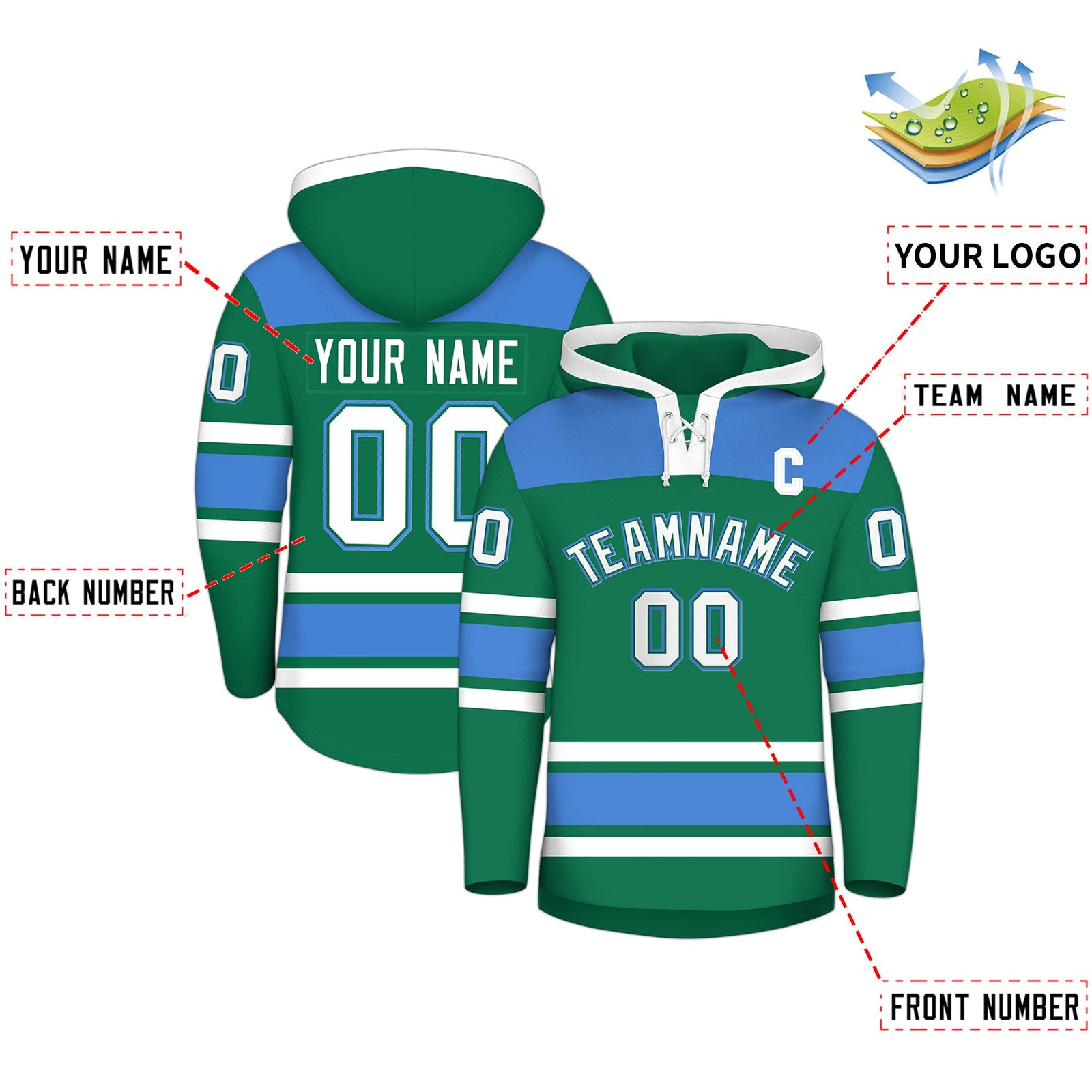 Custom Hockey Hoodie Jersey Kelly Green Powder Blue Raglan Sleeves Lace-Up Neck Classic Team Colors Hoodie