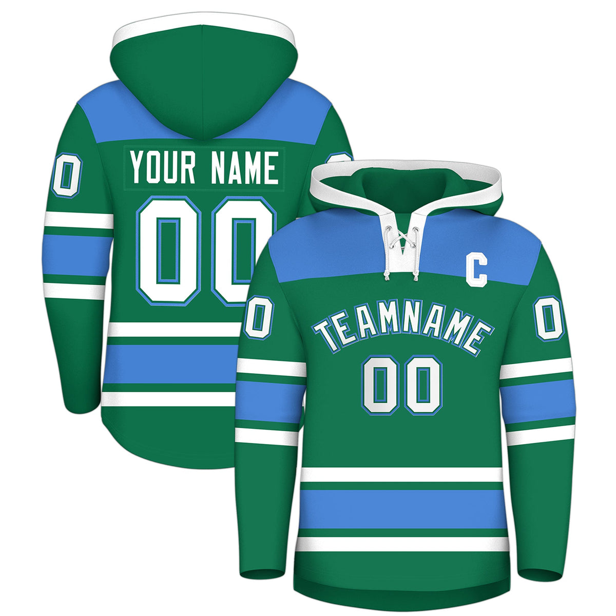 Custom Hockey Hoodie Jersey Kelly Green Powder Blue Raglan Sleeves Lace-Up Neck Classic Team Colors Hoodie