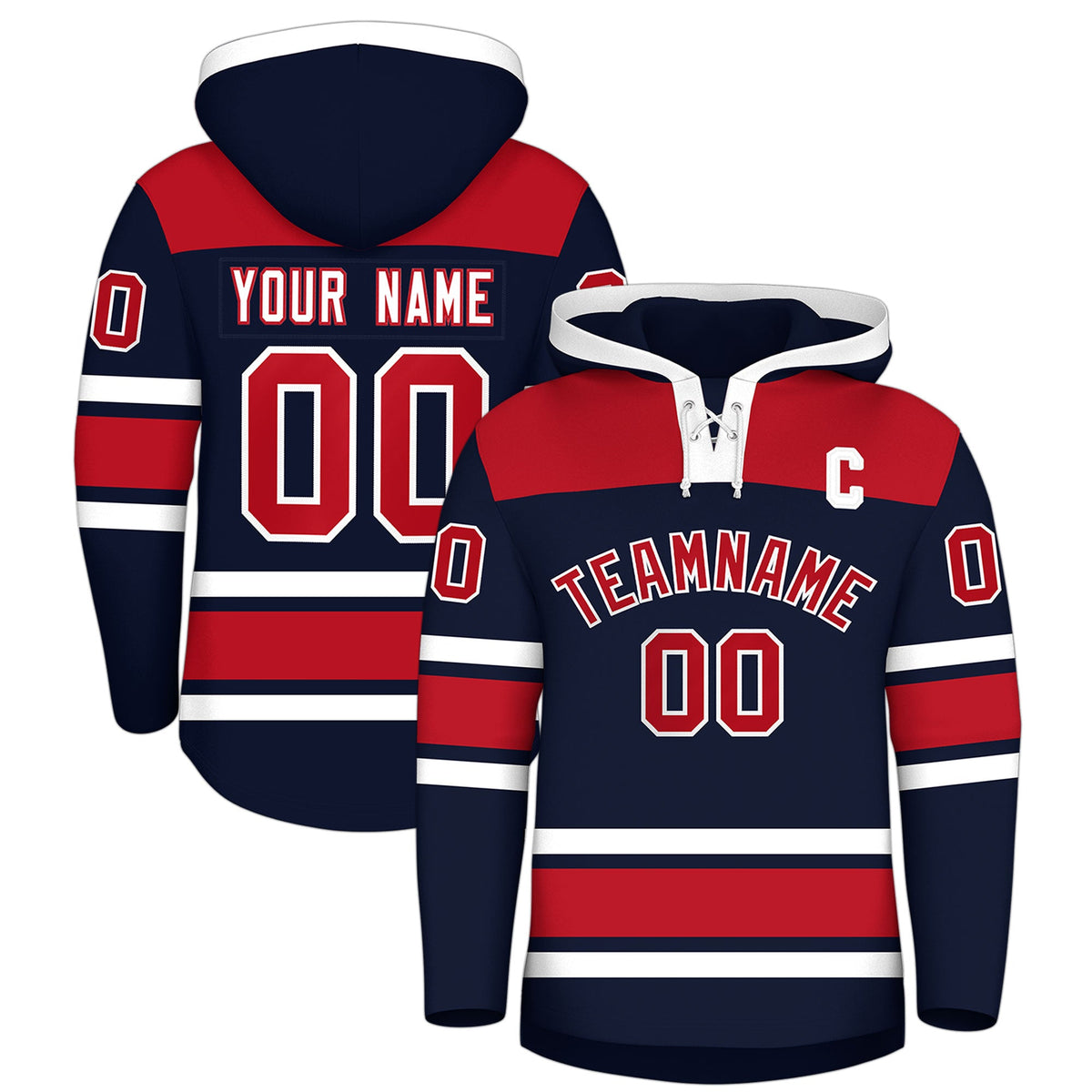 Custom Hockey Hoodie Jersey Navy Red Raglan Sleeves Lace-Up Neck Classic Team Colors Hoodie