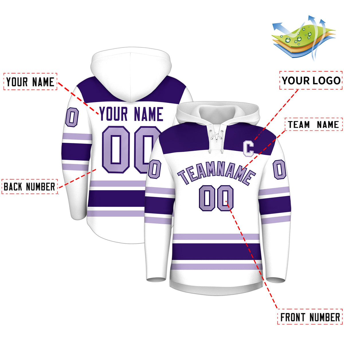 Custom Hockey Hoodie Jersey White Purple Raglan Sleeves Lace-Up Neck Personalized Jersey for Men &amp; Youth