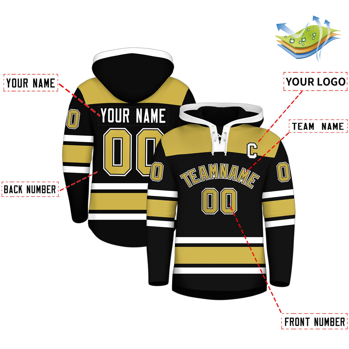 Custom Hockey Hoodie Jersey Black Old Gold Raglan Sleeves Lace-Up Neck Personal Name &amp; Number &amp; Logo