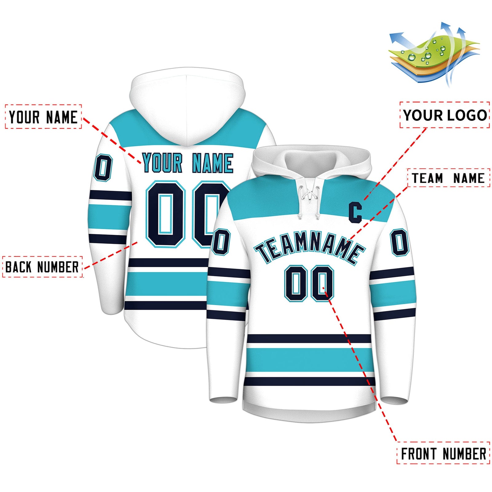 Custom Hockey Hoodie Jersey White Sky Blue Raglan Sleeves Lace-Up Neck Personalized Jersey for Men & Youth