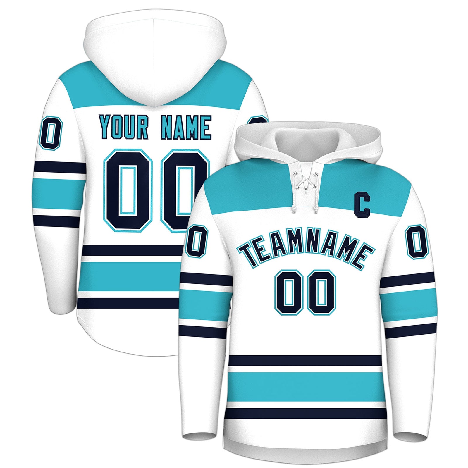 Custom Hockey Hoodie Jersey White Sky Blue Raglan Sleeves Lace-Up Neck Personalized Jersey for Men & Youth