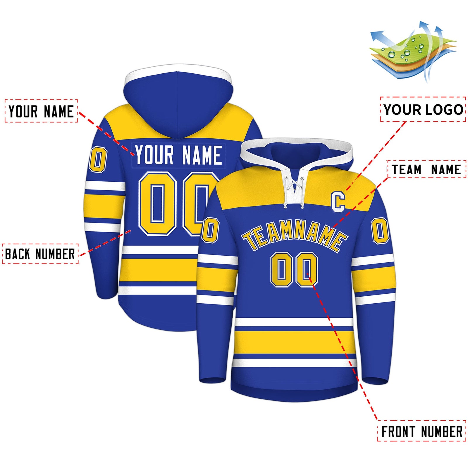 Custom Hockey Hoodie Jersey Royal Blue Gold Raglan Sleeves Lace-Up Neck Personal Name & Number & Logo