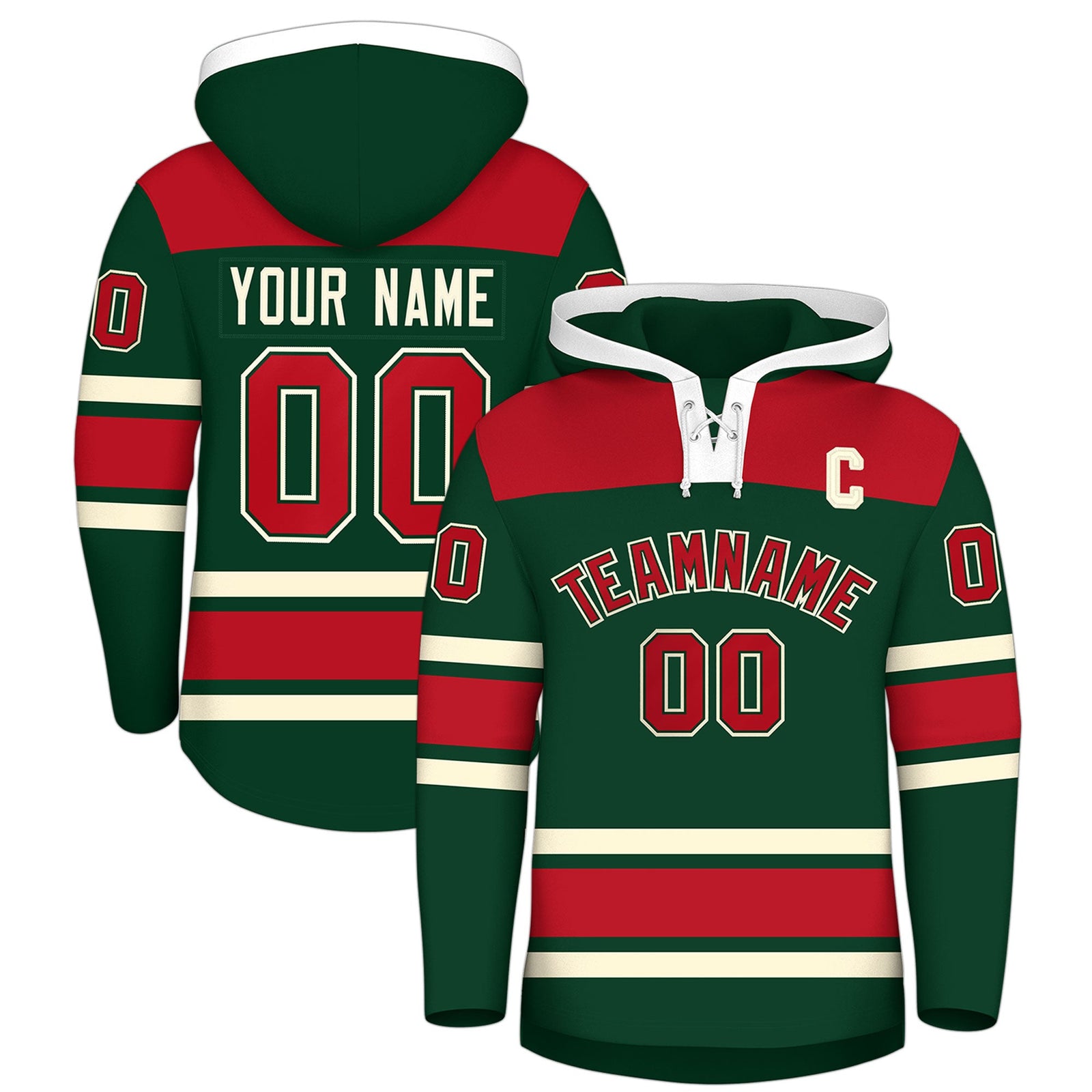 Custom Hockey Hoodie Jersey Green Red Raglan Sleeves Lace-Up Neck Classic Team Colors Hoodie
