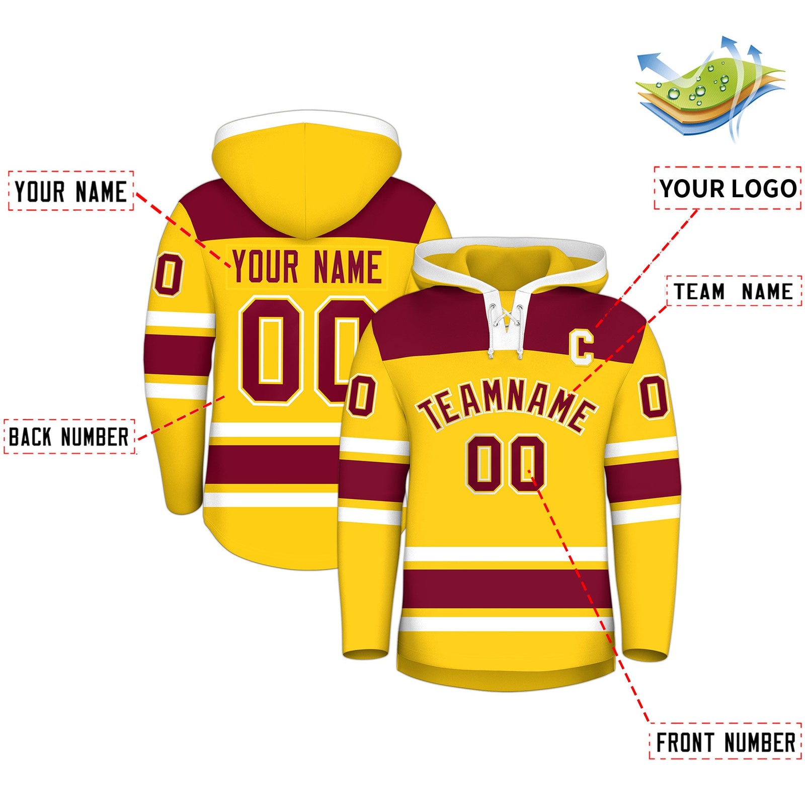 Custom Hockey Hoodie Jersey Gold Crimson Raglan Sleeves Lace-Up Neck Personalized Jersey for Men & Youth