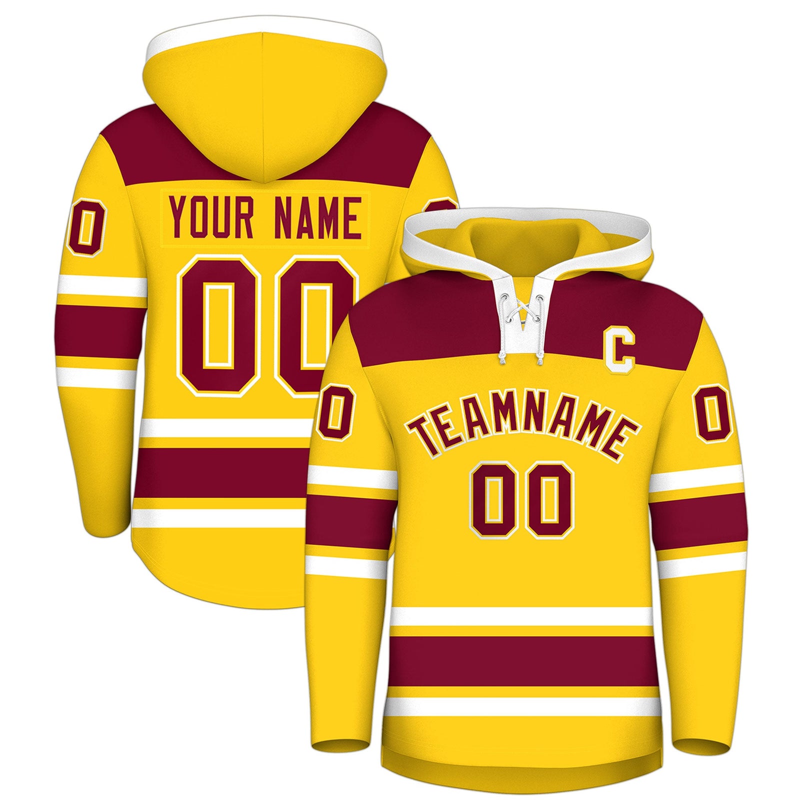Custom Hockey Hoodie Jersey Gold Crimson Raglan Sleeves Lace-Up Neck Personalized Jersey for Men & Youth