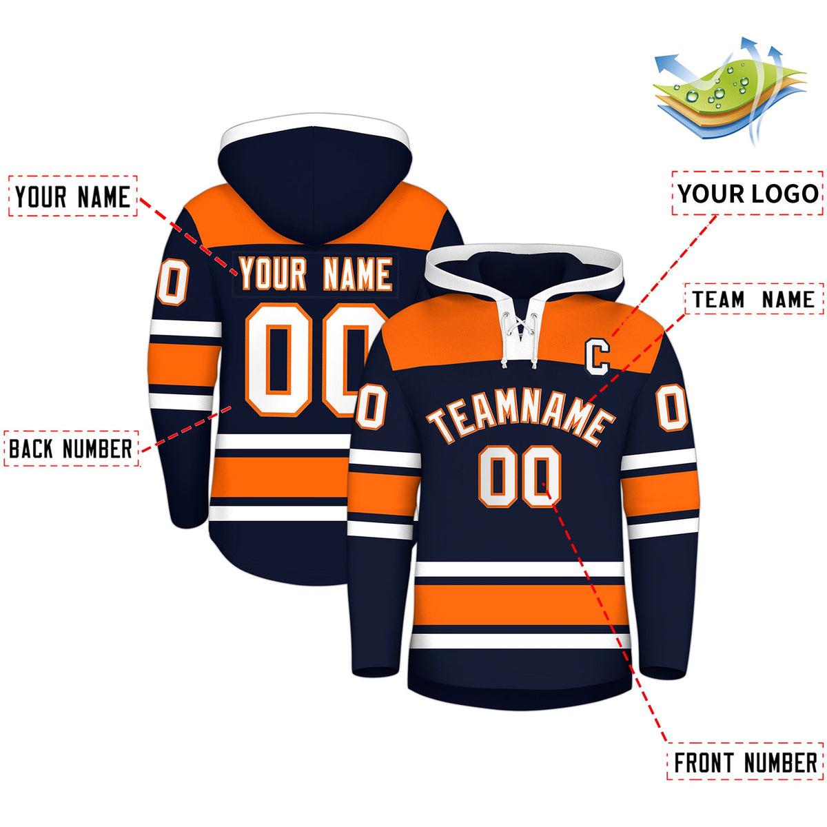 Custom Hockey Hoodie Jersey Navy Orange Raglan Sleeves Lace-Up Neck Personal Name &amp; Number &amp; Logo