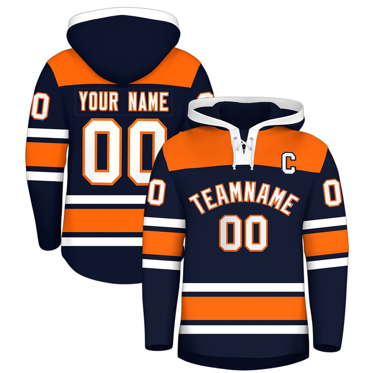 Custom Hockey Hoodie Jersey Navy Orange Raglan Sleeves Lace-Up Neck Personal Name &amp; Number &amp; Logo