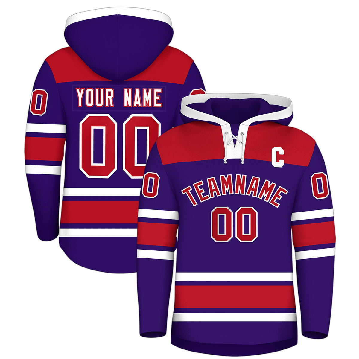 Custom Hockey Hoodie Jersey Purple Red Raglan Sleeves Lace-Up Neck Classic Team Colors Hoodie