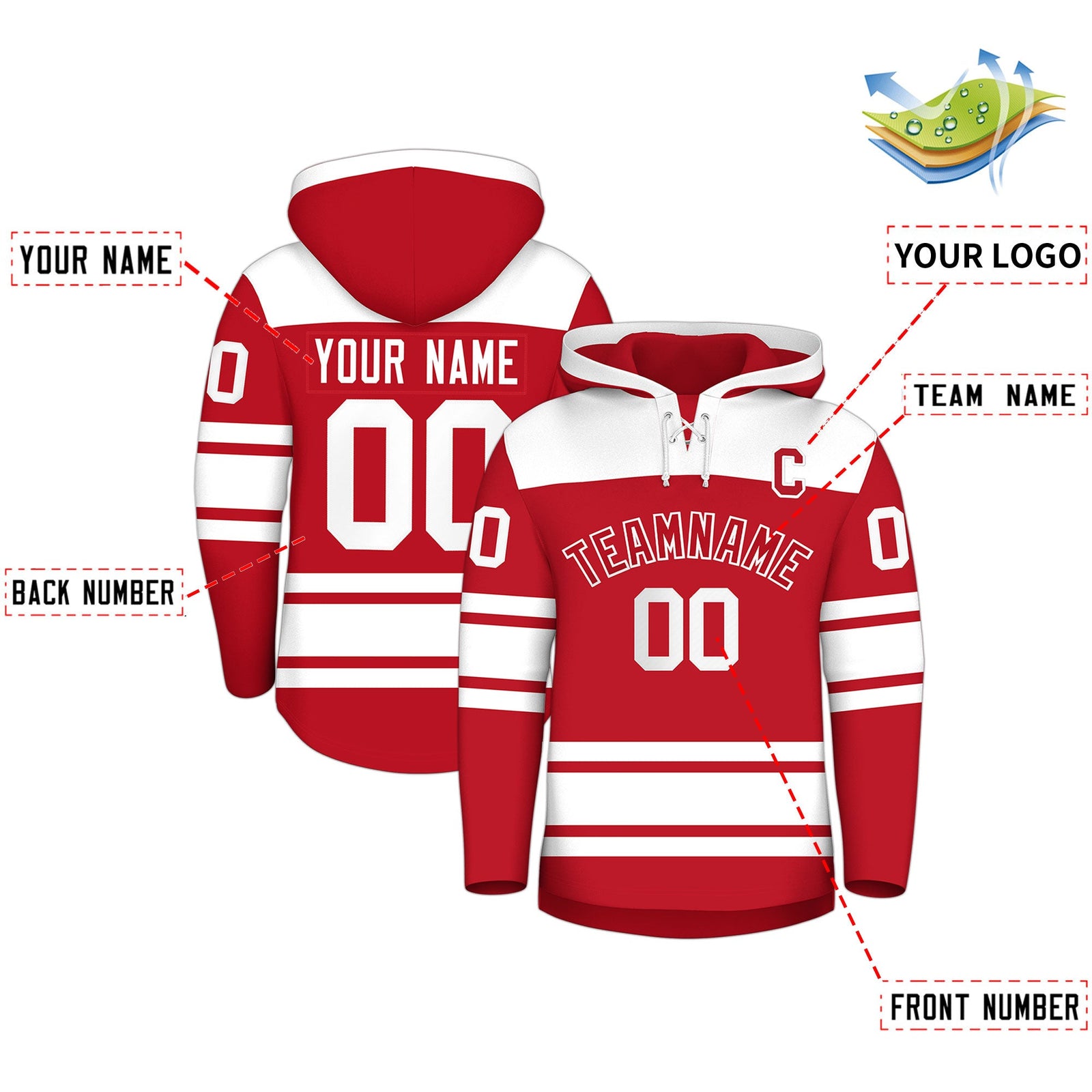 Custom Hockey Hoodie Jersey Red White Raglan Sleeves Lace-Up Neck Personalized Jersey for Men & Youth