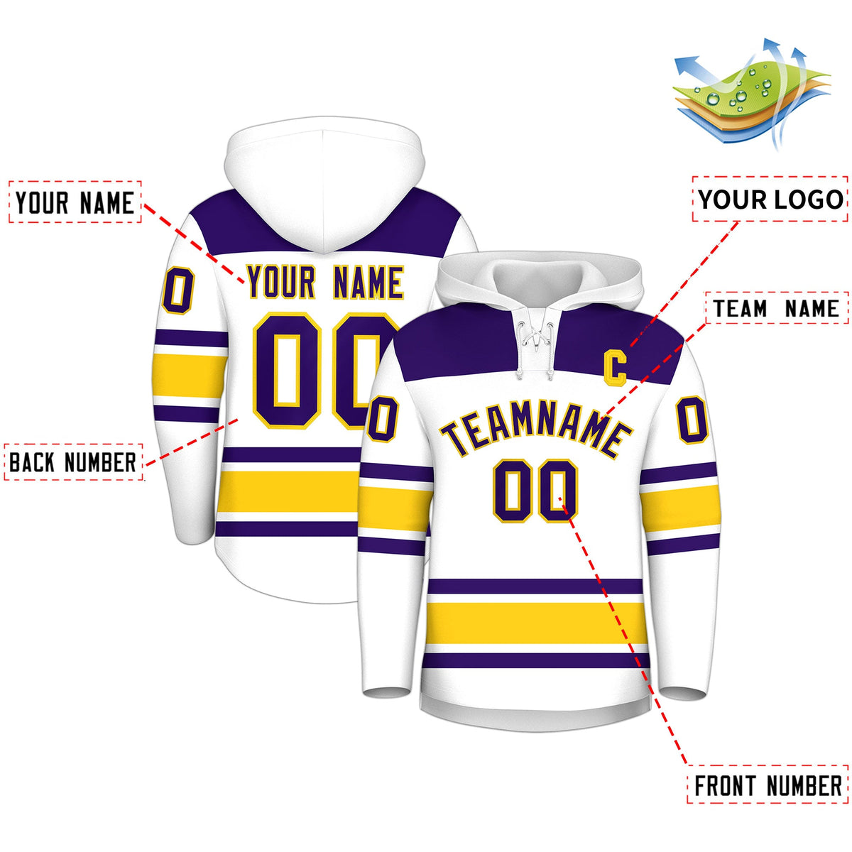 Custom Hockey Hoodie Jersey White Gold Raglan Sleeves Lace-Up Neck Personal Name &amp; Number &amp; Logo