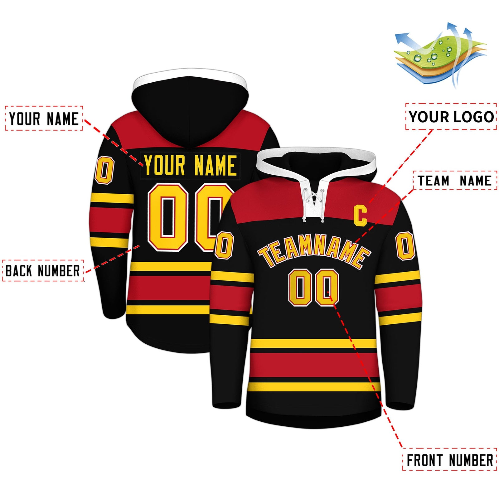 Custom Hockey Hoodie Jersey Black Red Raglan Sleeves Lace-Up Neck Personal Name & Number & Logo