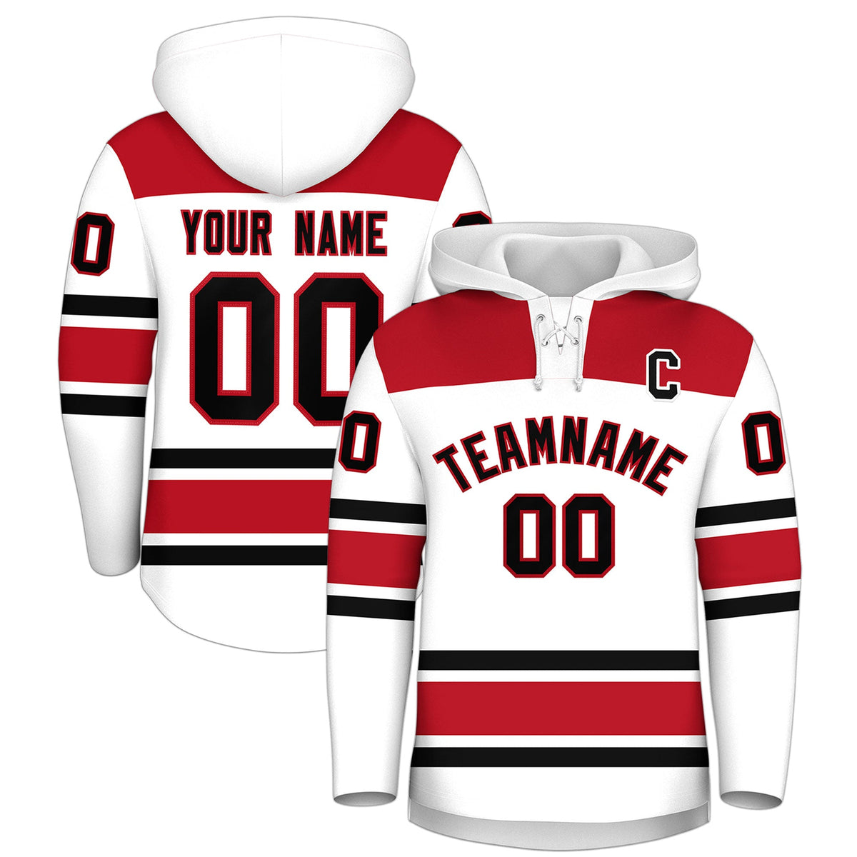 Custom Hockey Hoodie Jersey White Red Raglan Sleeves Lace-Up Neck Classic Team Colors Hoodie