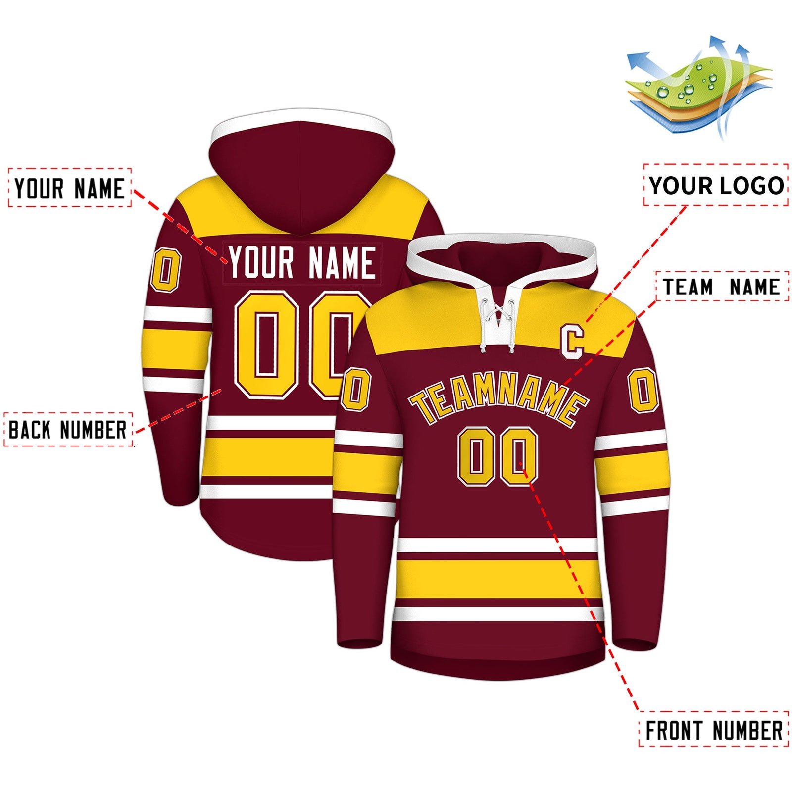 Custom Hockey Hoodie Jersey Crimson Gold Raglan Sleeves Lace-Up Neck Personalized Jersey for Men & Youth