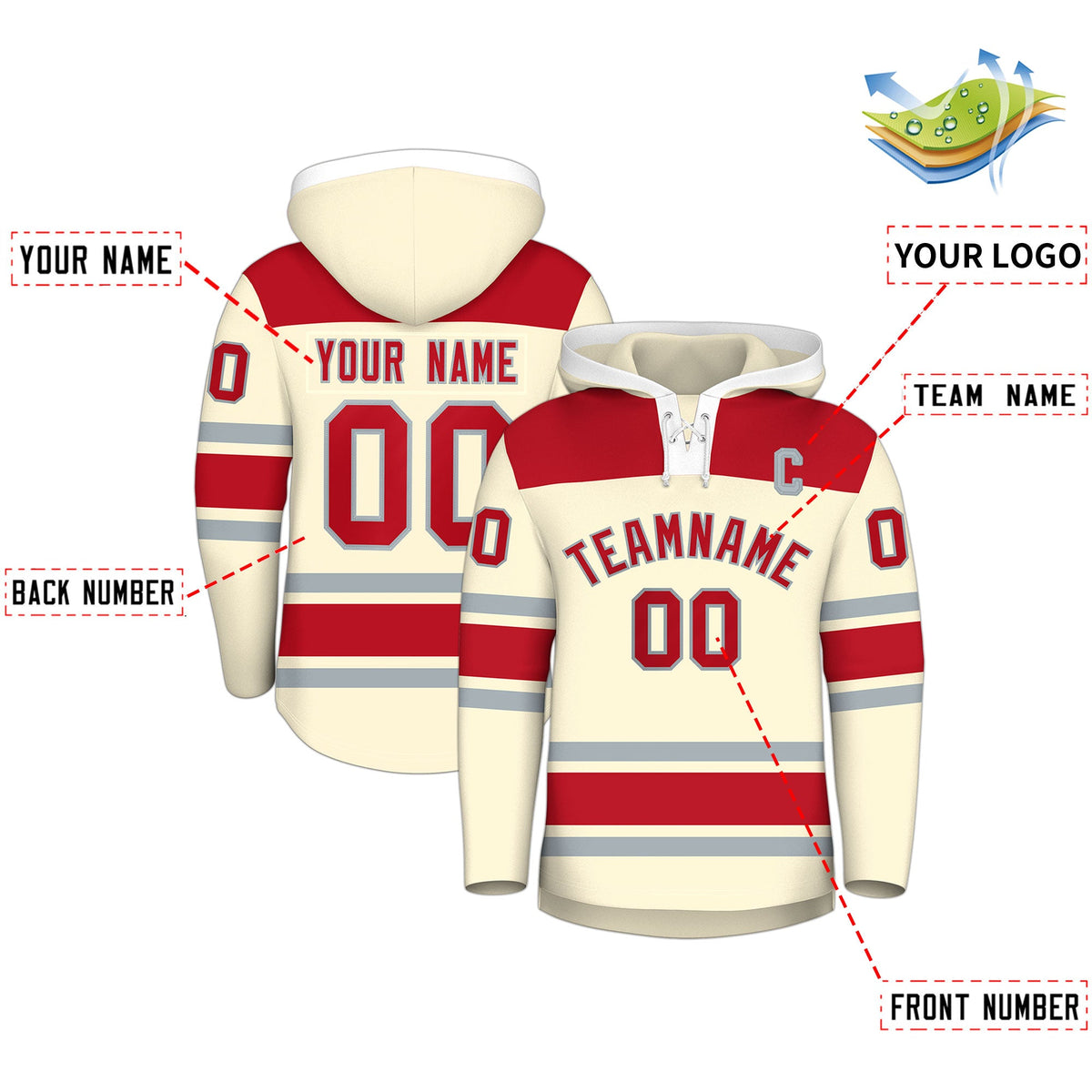 Custom Hockey Hoodie Jersey Cream Red Raglan Sleeves Lace-Up Neck Personal Name &amp; Number &amp; Logo