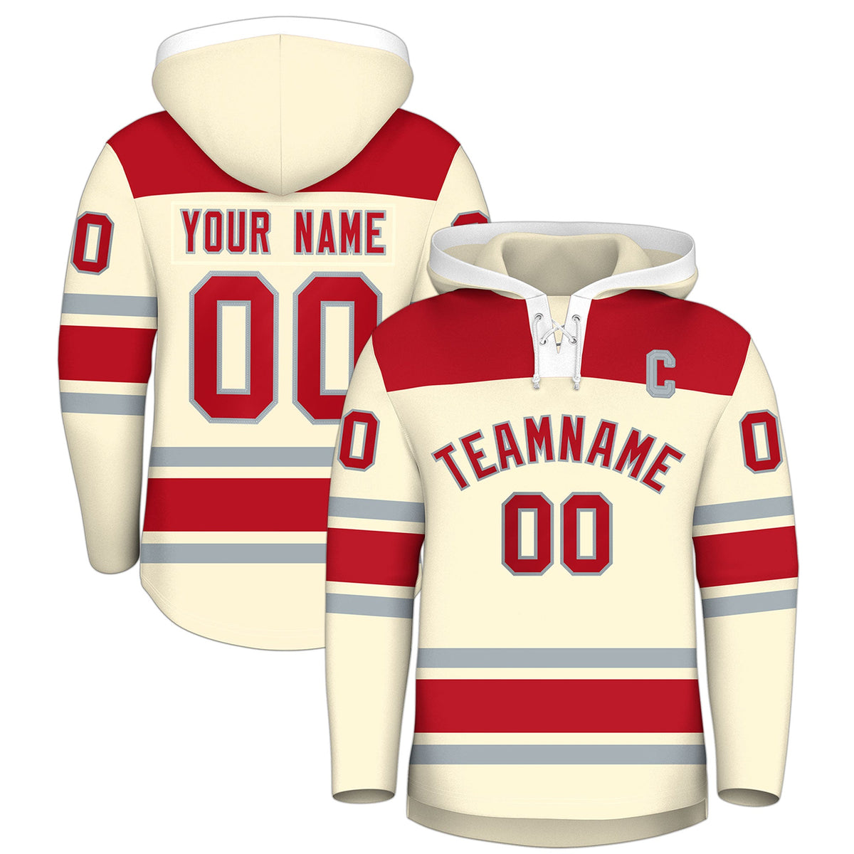 Custom Hockey Hoodie Jersey Cream Red Raglan Sleeves Lace-Up Neck Personal Name &amp; Number &amp; Logo
