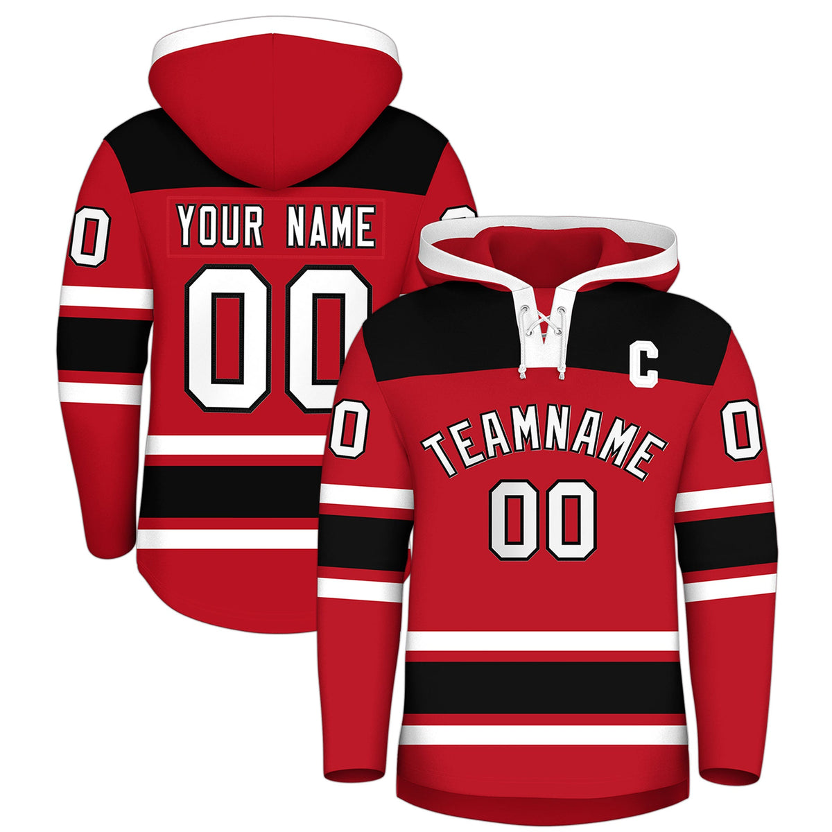 Custom Hockey Hoodie Jersey Red Black Raglan Sleeves Lace-Up Neck Classic Team Colors Hoodie