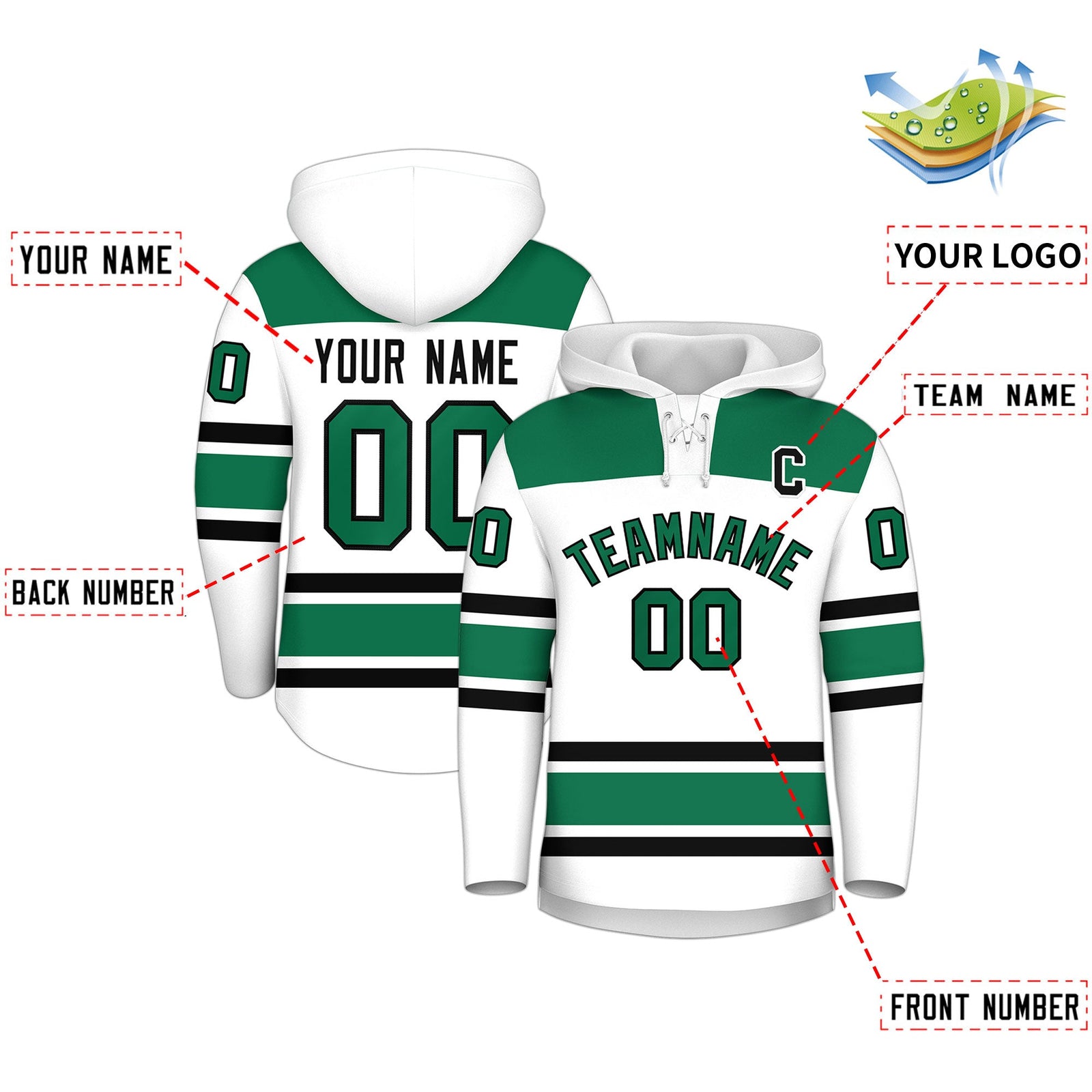 Custom Hockey Hoodie Jersey White Kelly Green Raglan Sleeves Lace-Up Neck Personalized Jersey for Men & Youth