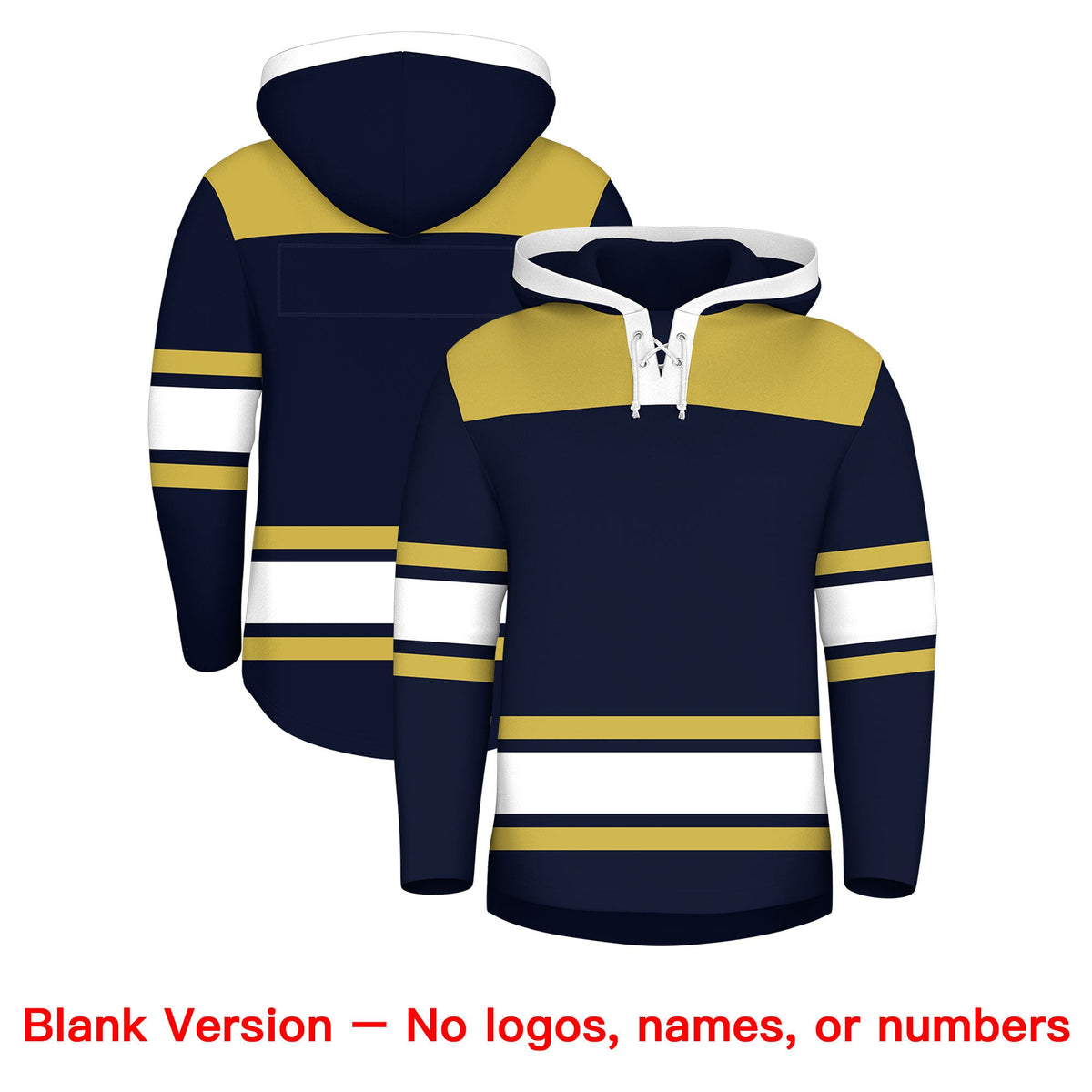 Custom Hockey Hoodie Jersey Navy Old Gold Raglan Sleeves Lace-Up Neck Personalized Jersey for Men &amp; Youth