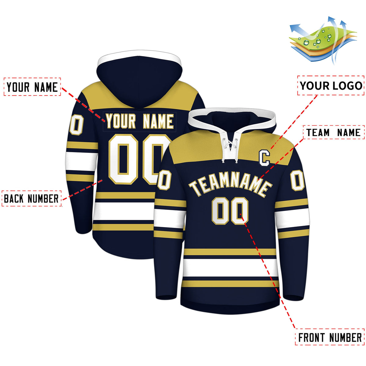 Custom Hockey Hoodie Jersey Navy Old Gold Raglan Sleeves Lace-Up Neck Personalized Jersey for Men &amp; Youth