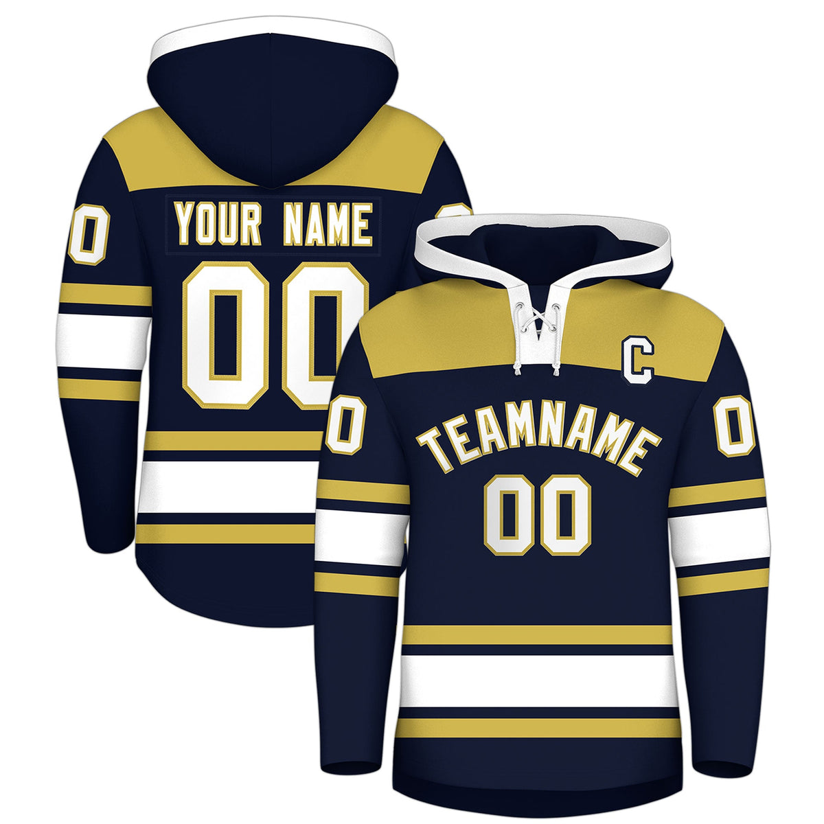 Custom Hockey Hoodie Jersey Navy Old Gold Raglan Sleeves Lace-Up Neck Personalized Jersey for Men &amp; Youth