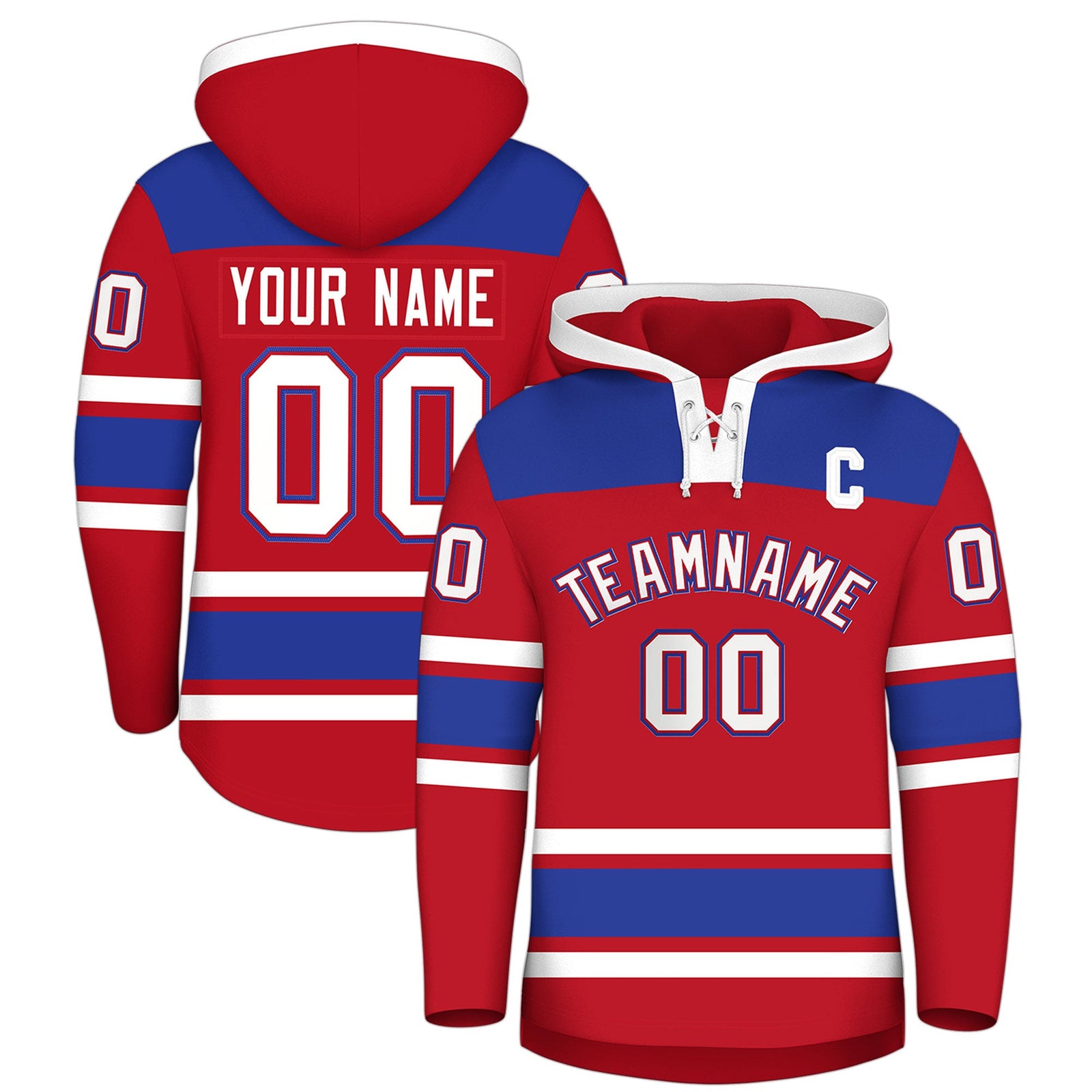 Custom Hockey Hoodie Jersey Red Royal Blue Raglan Sleeves Lace-Up Neck Personalized Jersey for Men & Youth