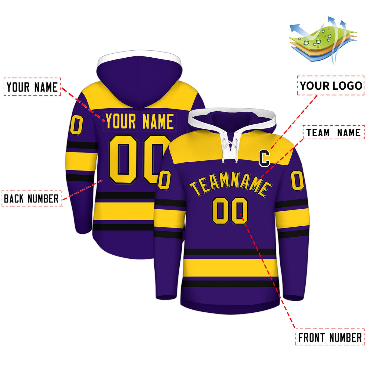 Custom Hockey Hoodie Jersey Purple Gold Raglan Sleeves Lace-Up Neck Personal Name &amp; Number &amp; Logo