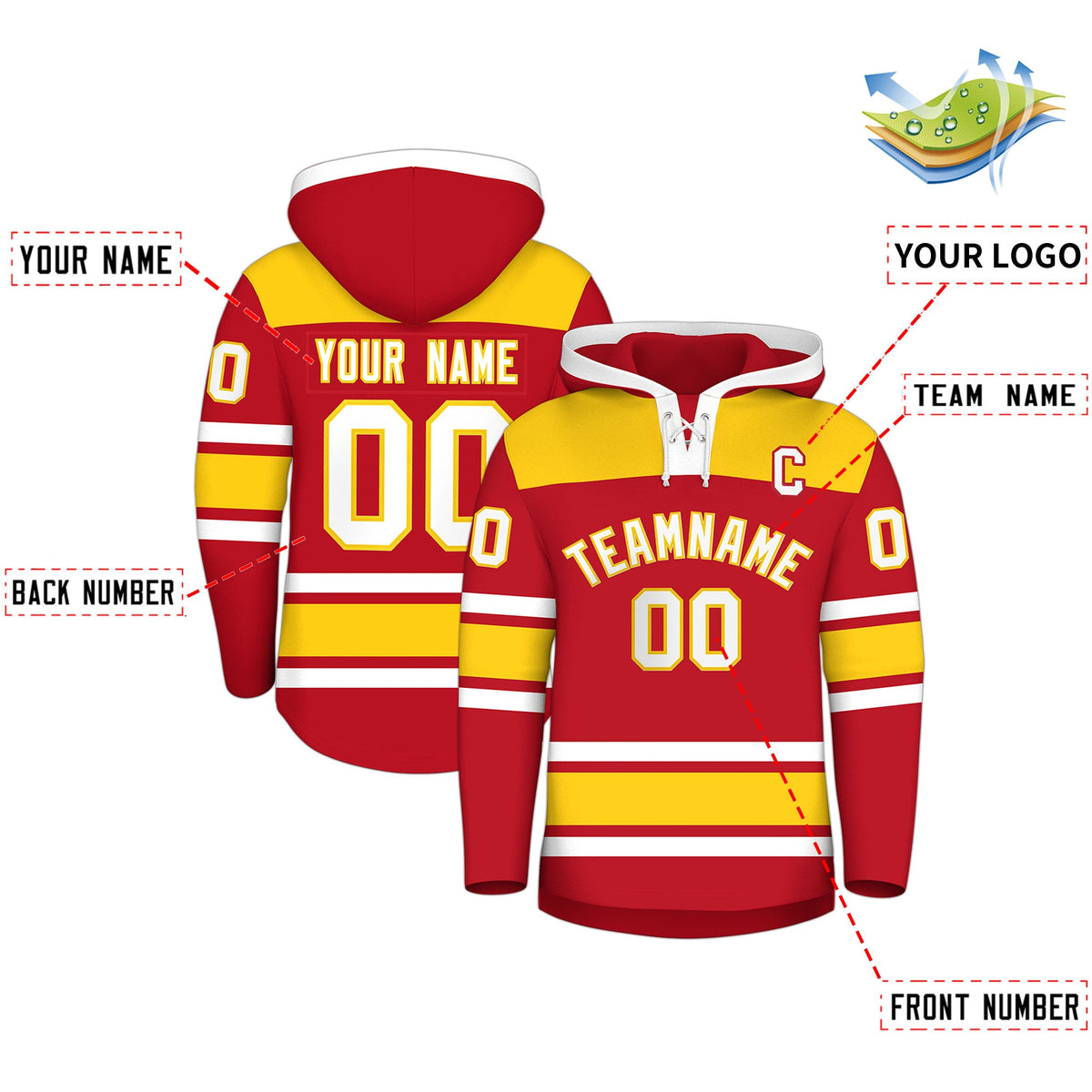 Custom Hockey Hoodie Jersey Red Gold Raglan Sleeves Lace-Up Neck Personalized Jersey for Men &amp; Youth