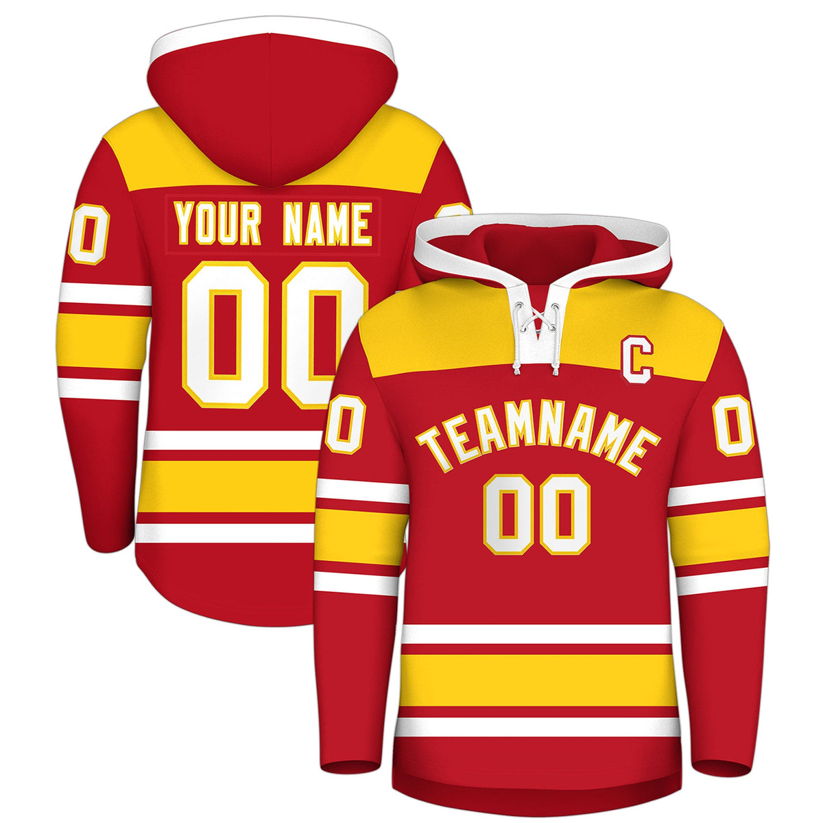 Custom Hockey Hoodie Jersey Red Gold Raglan Sleeves Lace-Up Neck Personalized Jersey for Men &amp; Youth