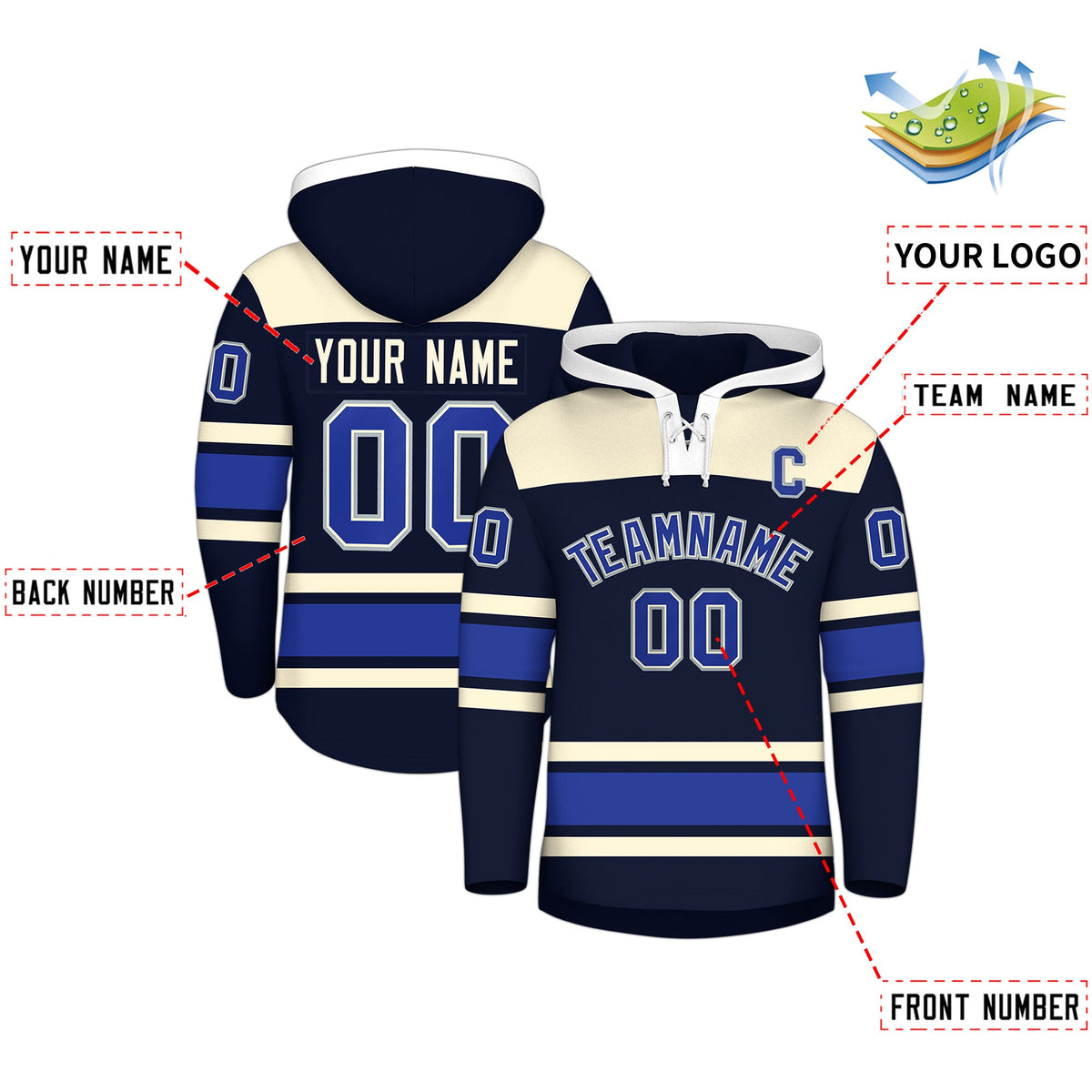 Custom Hockey Hoodie Jersey Navy Cream Raglan Sleeves Lace-Up Neck Personal Name &amp; Number &amp; Logo