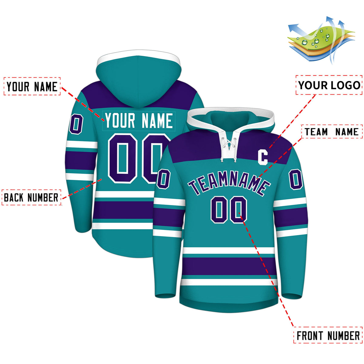 Custom Hockey Hoodie Jersey Teal Purple Raglan Sleeves Lace-Up Neck Classic Team Colors Hoodie