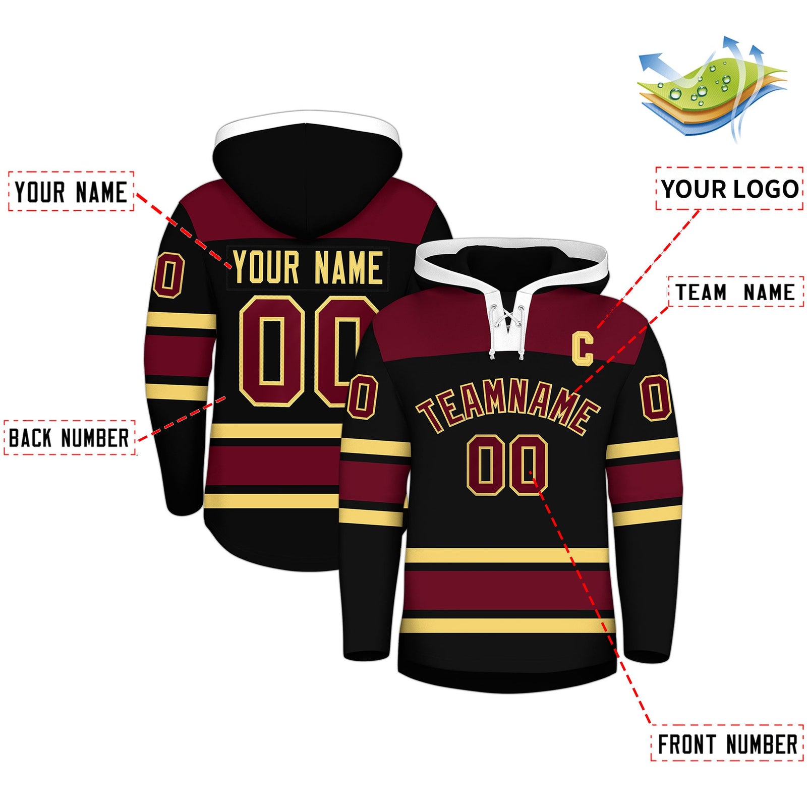 Custom Hockey Hoodie Jersey Black Crimson Raglan Sleeves Lace-Up Neck Personalized Jersey for Men & Youth