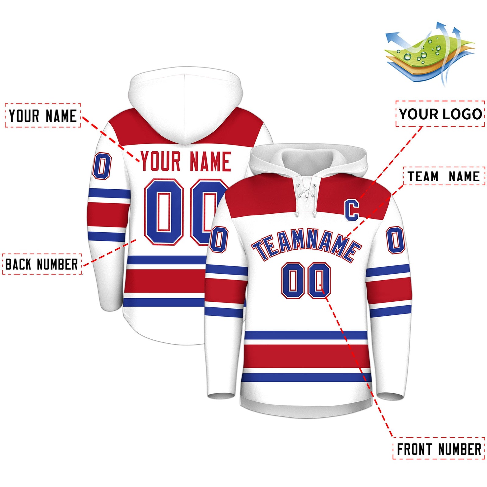 Custom Hockey Hoodie Jersey White Red Raglan Sleeves Lace-Up Neck Classic Team Colors Hoodie