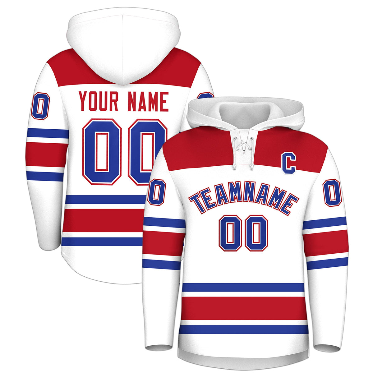 Custom Hockey Hoodie Jersey White Red Raglan Sleeves Lace-Up Neck Classic Team Colors Hoodie