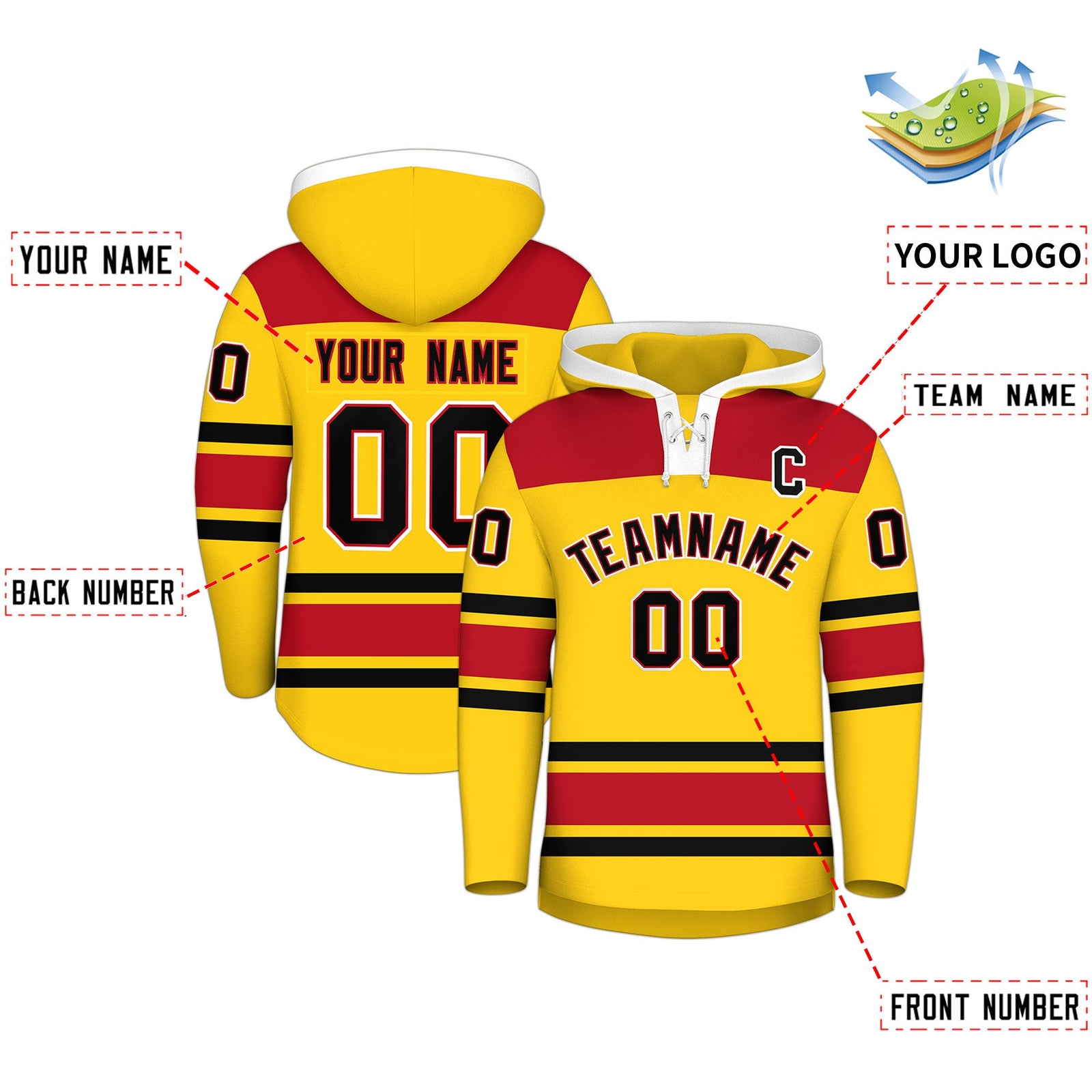 Custom Hockey Hoodie Jersey Gold Red Raglan Sleeves Lace-Up Neck Personal Name & Number & Logo