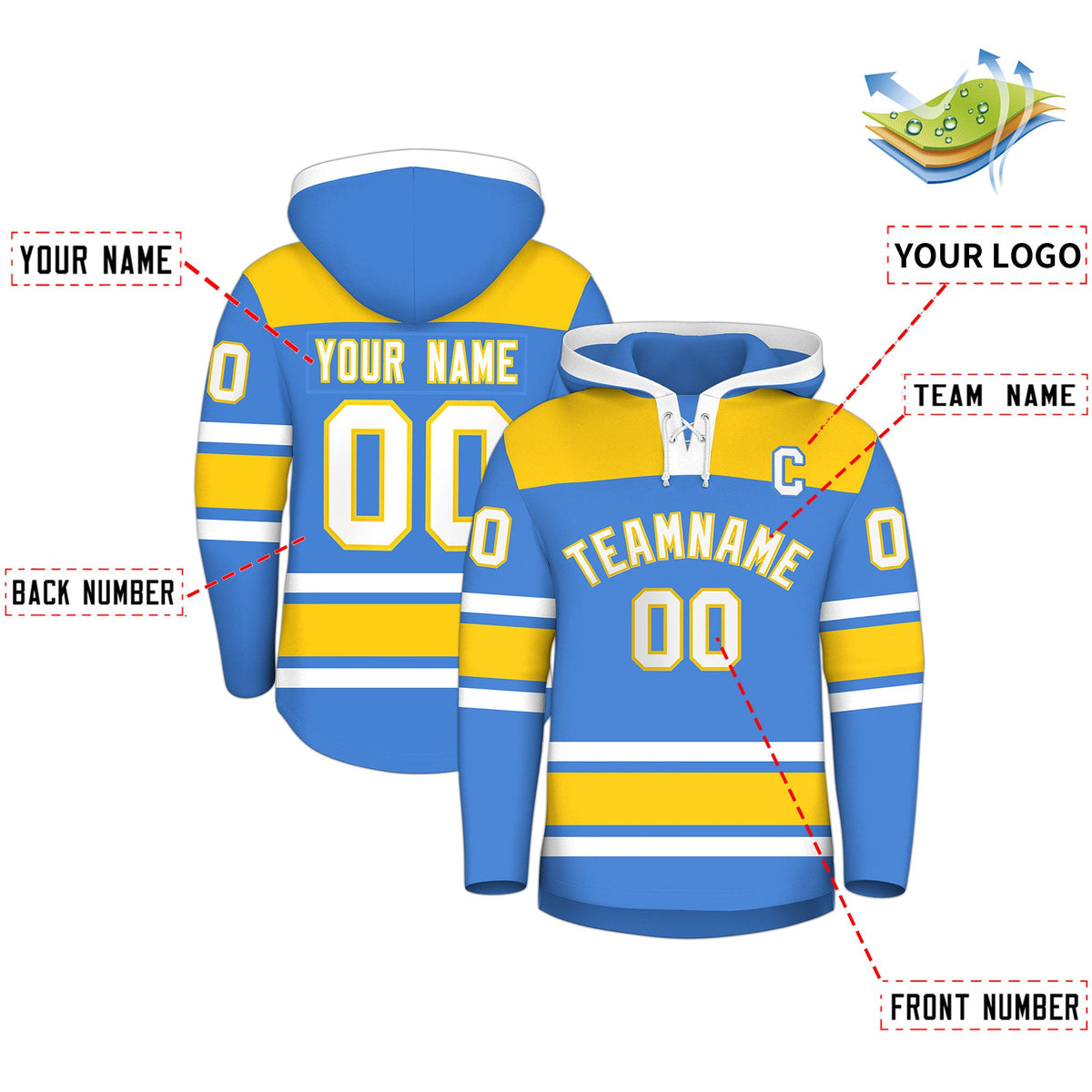 Custom Hockey Hoodie Jersey Powder Blue Gold Raglan Sleeves Lace-Up Neck Classic Team Colors Hoodie
